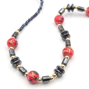 Multicolor Painted Orange Glass Art Beads Hematite Gold Tone Beaded Necklace